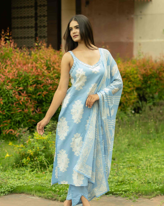 Ice Blue Sleevless 3pcs Set