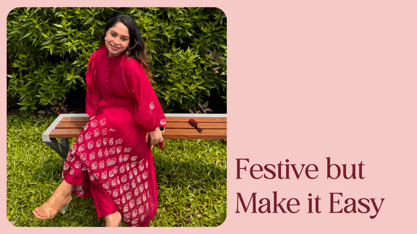 Woman in a pink outfit sitting on a bench with text 'Festive but Make it Easy' on a pink background