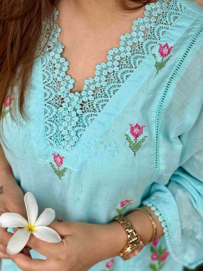 Blue Cross-Stitch Kurta Set